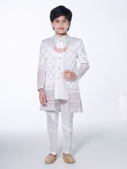 Mini Stitch - White Embroidered Kurta with Jacket and Pant (Set of 3)