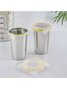 HomeTown - Glisto Stainless Steel Travel Flask & Tumbler With Lid Set Of 2 In Silver Colour