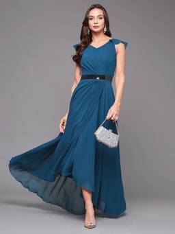 Miss Chase - Women Royal Blue V-Neck Ruffled Sleeve Solid Embellished Maxi Dress
