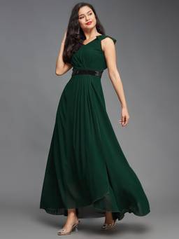 Miss Chase - Women Green V-Neck Ruffled Sleeve Solid Embellished Maxi Dress