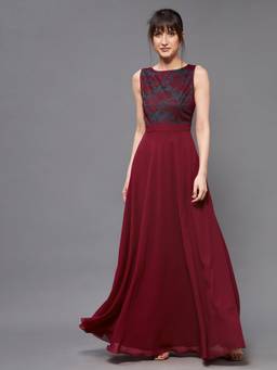 Miss Chase - Women Maroon and Teal Boat Neck Self Design Maxi Dress