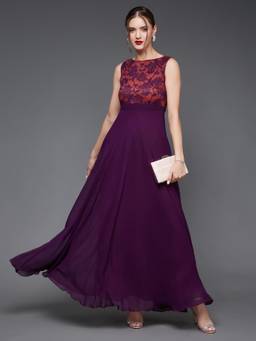 Miss Chase - Women Dark Purple Lace Floral Fit and Flare Maxi Dress