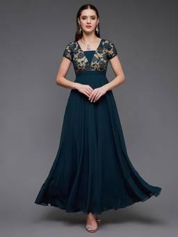 Miss Chase - Women Teal Square Neck Raglan Self Design Maxi Dress