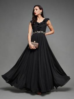 Miss Chase - Women Black Embroidered Ruffled Georgette Maxi Dress