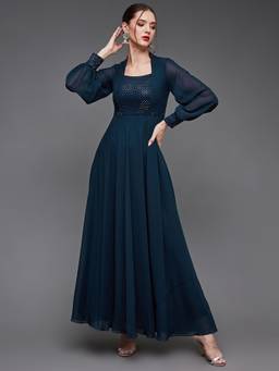 Miss Chase - Women Teal Embellished Panelled Georgette Maxi Dress