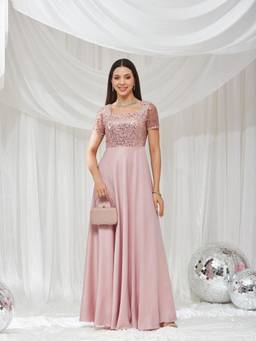 Miss Chase - Women Dusty Pink Sweetheart Neck Half Sleeve Embellished Maxi Satin Dress