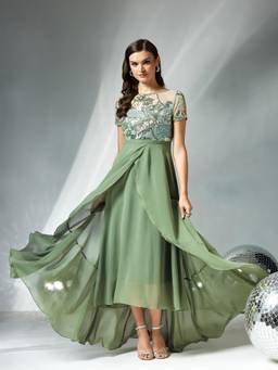 Miss Chase - Women Light Green Embellished Layered Georgette Midi Dress