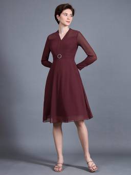 Miss Chase - Women Wine Red V-Neck Solid Fit and Flare Midi Dress