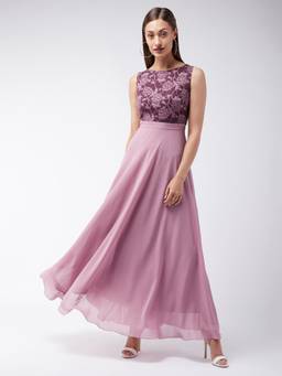 Miss Chase - Women Lavender Round neck Solid Lace Overlaid Maxi Dress
