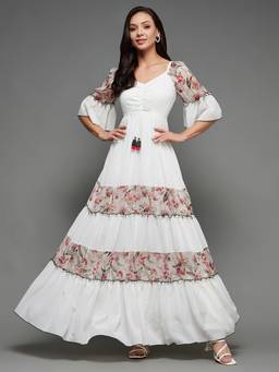 Miss Chase - Women Off White Floral Patterned Maxi Georgette Dress