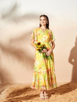 Miss Chase - Women Yellow Floral Bohemian Wrap Chiffon Maxi Dress