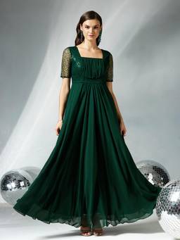 Miss Chase - Women Dark Green Square Neck Solid Embellished Maxi Dress