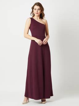 Miss Chase - Women Wine Red One-Shoulder Solid Side Slit Maxi Dress