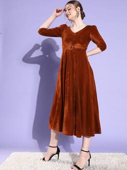 Miss Chase - Women Rust V-Neck Solid Fit and Flare Midi Velvet Dress