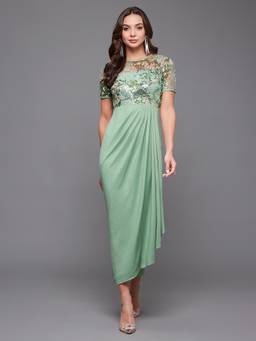Miss Chase - Women Green Embroidered Draped Polyester Midi Dress
