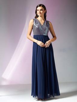 Miss Chase - Women Navy Blue Embellished Wrap Maxi Georgette Dress
