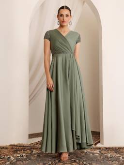 Miss Chase - Women Embellished Pale Olive Gown in Asymmetric Draped Premium Satin
