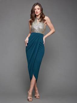 Miss Chase - Women Teal Halter Neck Solid Embellished Midi Dress