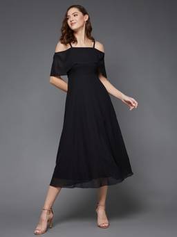 Miss Chase - Women Black Spaghetti Strap Solid Off Shoulder Midi Skater Dress