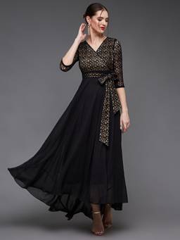 Miss Chase - Women Black Self-Designed Relaxed Fit Georgette And Lace Maxi Dress