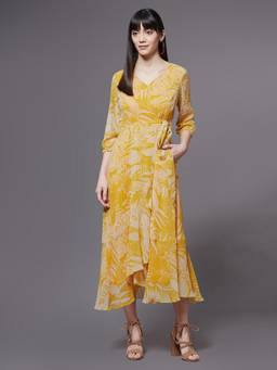 Miss Chase - Women Yellow and White V neck Floral Layered Maxi Dress