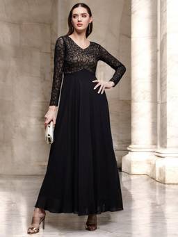 Miss Chase - Women Black V-Neck Self Design Georgette Maxi Dress