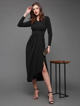 Miss Chase - Women Black V-Neck Self Design Wrap Polyester Midi Dress