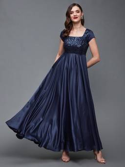 Miss Chase - Women Navy Blue Embellished Polyester Fit and Flare Maxi Dress