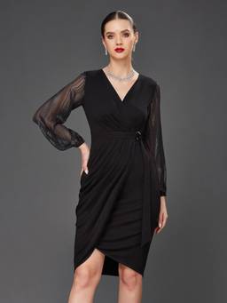 Miss Chase - Women Black Solid Front Pocketed Polyester Wrap Knee-Length Dress