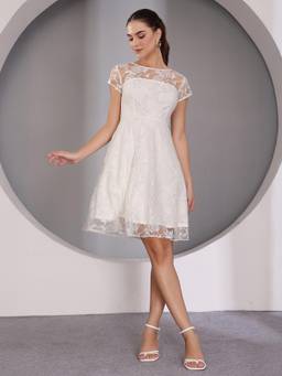Miss Chase - Women Off White Cap Sleeve Self-Designed Skater Mini Dress