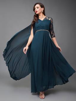 Miss Chase - Women Teal V-Neck Asymmetric Self-Designed Georgette Maxi Dress