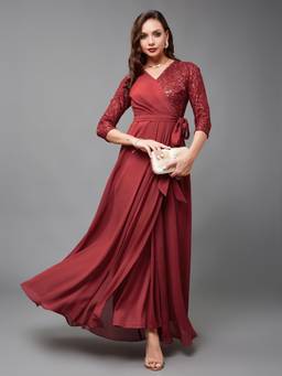 Miss Chase - Women Brick Red V-Neck Self-Designed Wrap Styled Georgette Maxi Dress