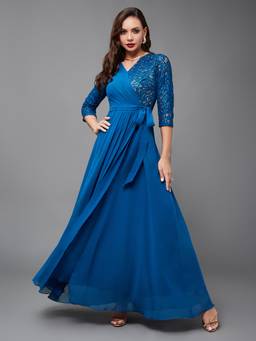 Miss Chase - Women Royal Blue V-Neck Self-Designed Wrap-Styled Georgette Maxi Dress