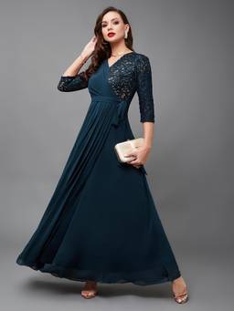 Miss Chase - Women Teal V-Neck Self-Designed Wrap-Styled Georgette Maxi Dress