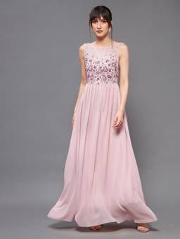 Miss Chase - Women Dusty Pink Boat Neck Embellished Gathered Regular Dress