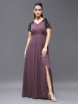 Miss Chase - Women Mauve Relaxed Fit Maxi Georgette Dress