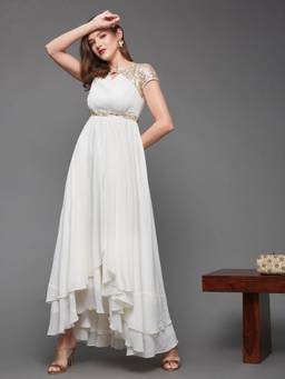 Miss Chase - Women Off White Embellished Layered Georgette Maxi Dress