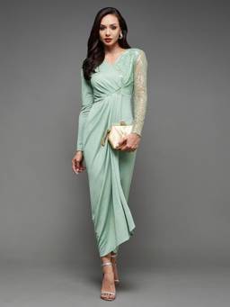 Miss Chase - Women Green Embellished Pleated Slim Fit Longline Dress
