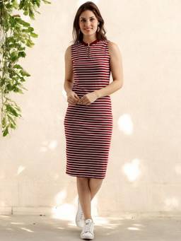 Miss Chase - Women Maroon and White Round Neck Striped Bodycon Dress