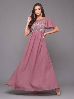 Miss Chase - Women Dusty Lavender Half Sleeve Solid Embellished Georgette Maxi Dress