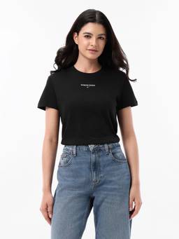 Tommy Hilfiger - Women Black Logo Embroidered Cotton T-Shirt