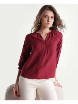 RAREISM - Women Maroon Jacquard V-Neck Top