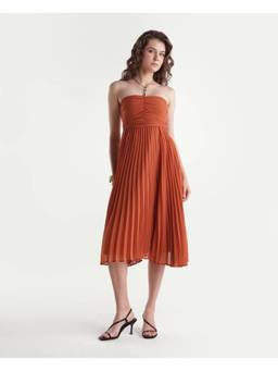 RAREISM - Women Rust Solid Pleated Fit and Flare Dress