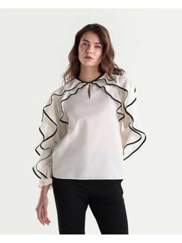 RAREISM - Women White Solid Ruffle Detail Crew Neck Top