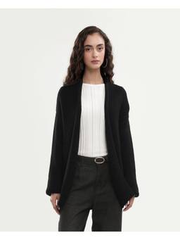 RAREISM - Women Black Solid Open Front Longline Shrug