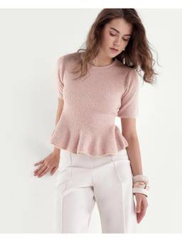 RAREISM - Women Dusky Pink Solid Ribbed Knit Peplum Top