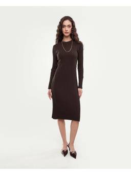 RAREISM - Women Dark Brown Solid Ribbed Knit Slim Midi Dress