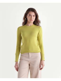RAREISM - Women Light Green Solid Viscose Blend Crew Neck Top