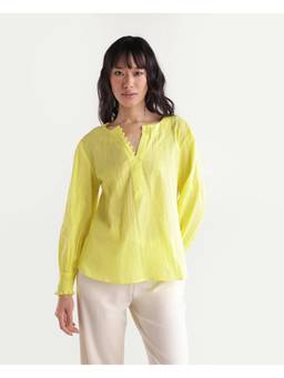RAREISM - Women Yellow Solid Cotton V-Neck Top