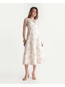 RAREISM - Women Beige Floral Print V-Neck A-Line Midi Dress